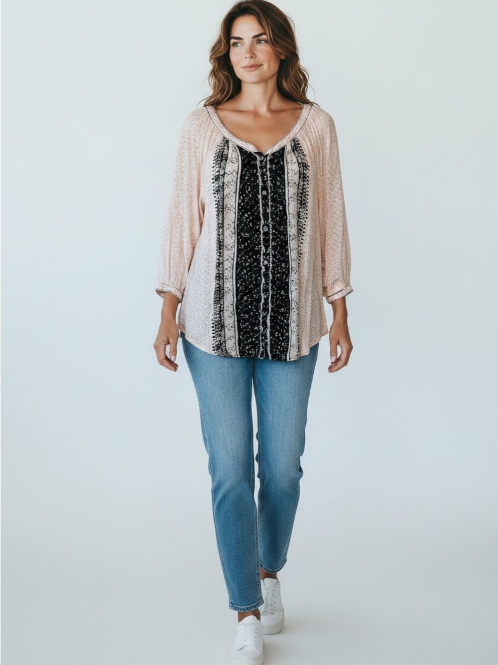 Free People Blush Pink Mixed-Print Peasant Top with Black Center